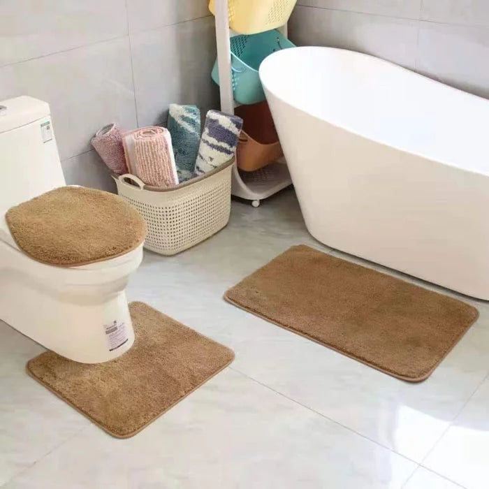 3Pcs Bathroom Set Bath Mat RUG Contour and Toilet Lid Cover with Rubber Backing