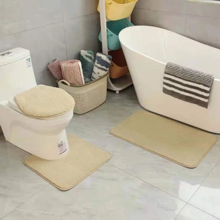 3Pcs Bathroom Set Bath Mat RUG Contour and Toilet Lid Cover with Rubber Backing