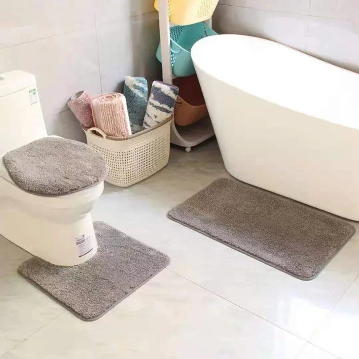 3Pcs Bathroom Set Bath Mat RUG Contour and Toilet Lid Cover with Rubber Backing