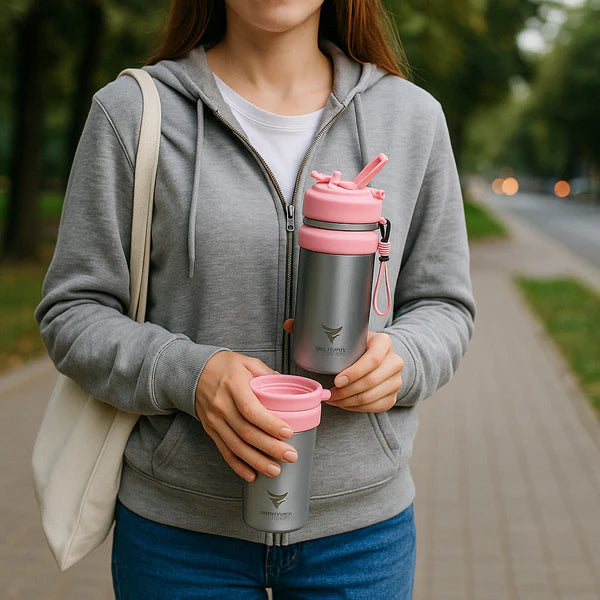 Stainless Steel Insulated Sippy Water Bottle with Screw-On Cap - 16.90 oz (500ml), Black/Pink