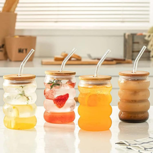 Glass Tumbler with Glass Straw and Wooden Lid