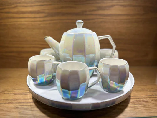 TEA SET Ceramic Cups and Kettle Set of 6 With Revolving Tray