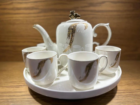 TEA SET Ceramic Cups and Kettle Set of 6 With Revolving Tray