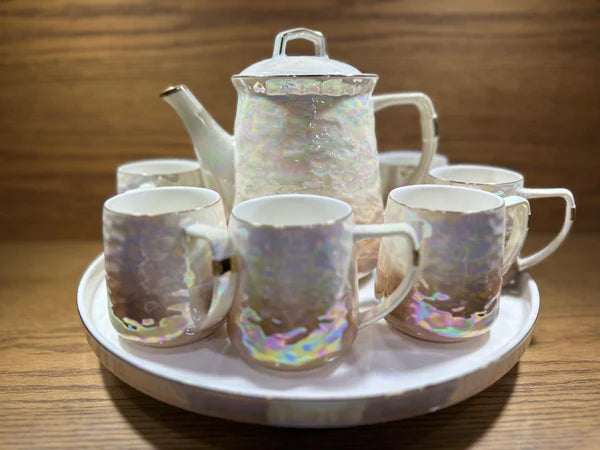 TEA SET Ceramic Cups and Kettle Set of 6 With Revolving Tray