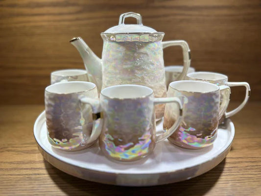 TEA SET Ceramic Cups and Kettle Set of 6 With Revolving Tray