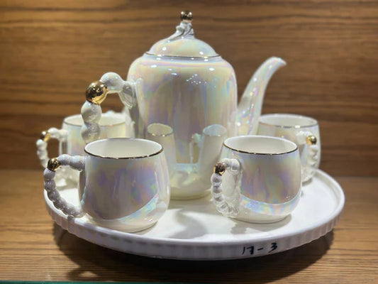 TEA SET Ceramic Cups and Kettle Set of 6 With Revolving Tray