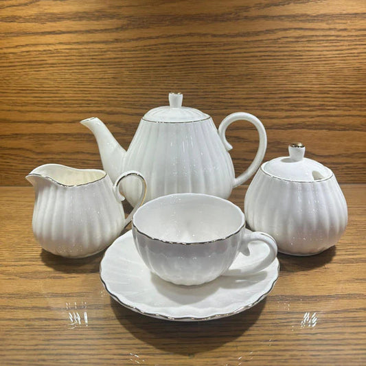 Porcelain Tea Set -7 Tea Cups and Saucers Service for 6 Gold Trimspumpkin Fluted Shape